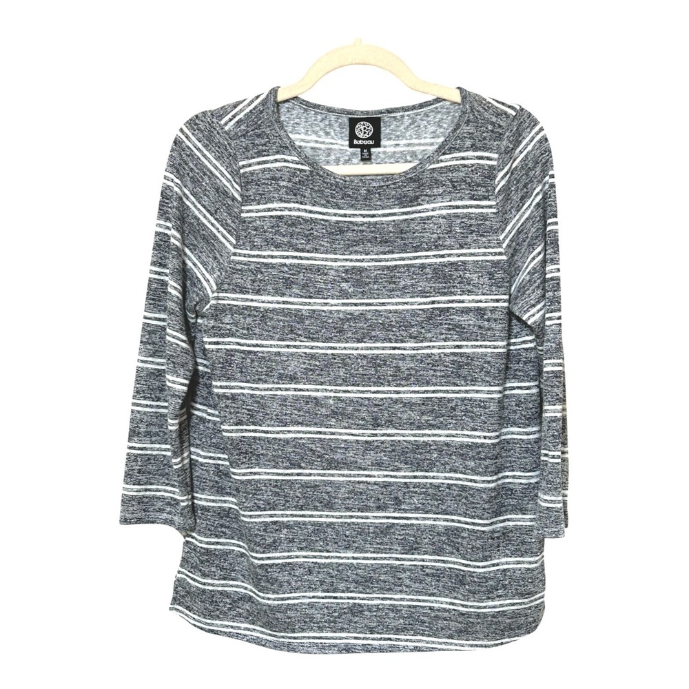 Bobeau Striped Knit Top M Gray White 3/4 Sleeve Crew Neck Soft Transitional EUC